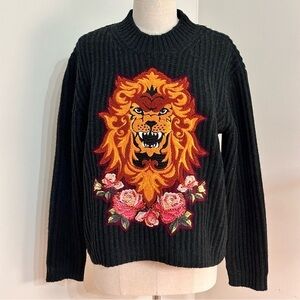 MANOUSH GREEN LION & FLOWER SEQUIN & EMBROIDERY CHUNKY RIB WOOL SWEATER M